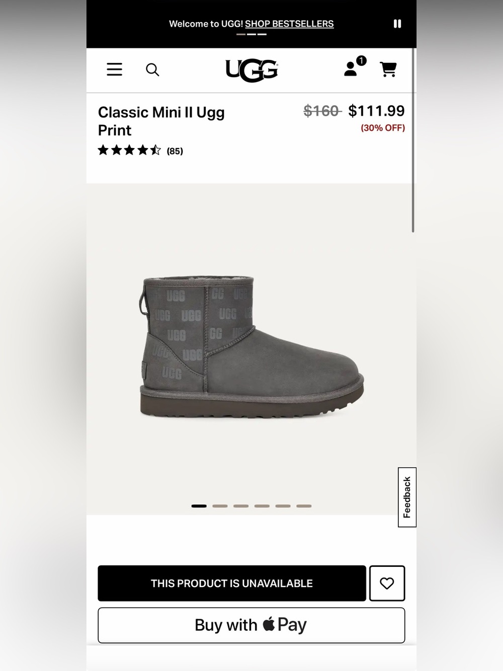 NIB UGG Classic Mini II UGG Print Charcoal Grey Suede Boots Size 5 1119103